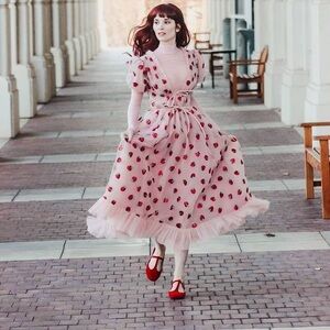 Lirika Matoshi Pink Tulle Midi Dress with Red Strawberry Embroidery